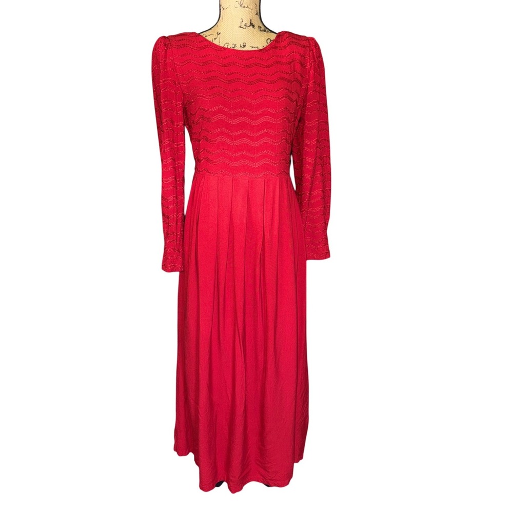 Sarah Elizabeth Vtg Midi Dress‎ Womens 8 Red Embroidered Long Sleeve Cottagecore